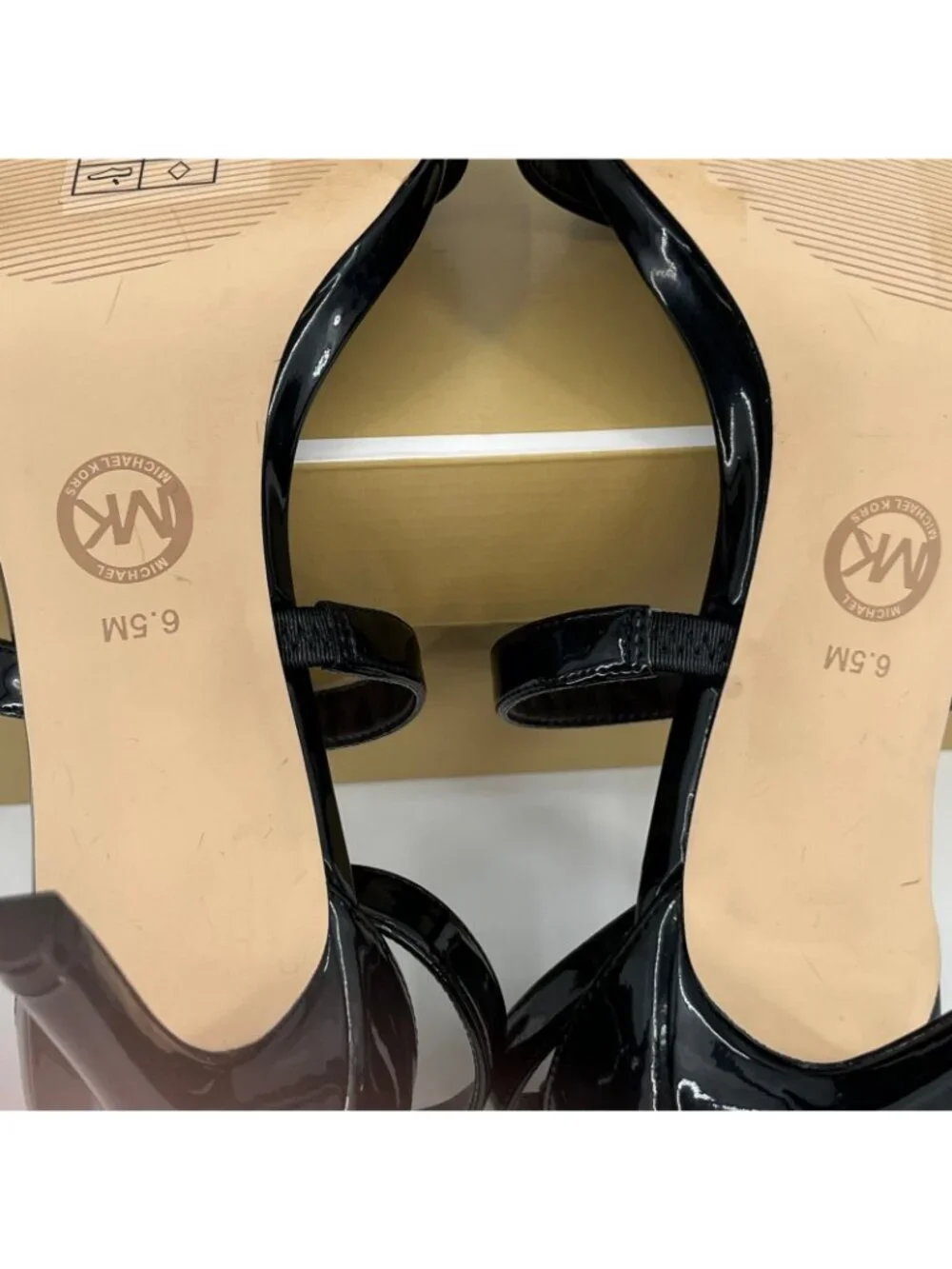 Michael Kors Koda Sandals Black Size 6.5M Faux Leather 3in Heel Ankle Strap